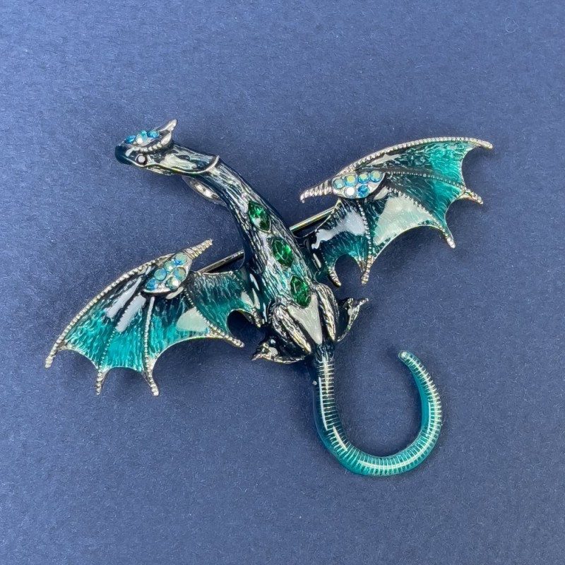 Brooch Pendant Dragon blue enamel with blue and green rhinestones, silver metal 50x56mm +