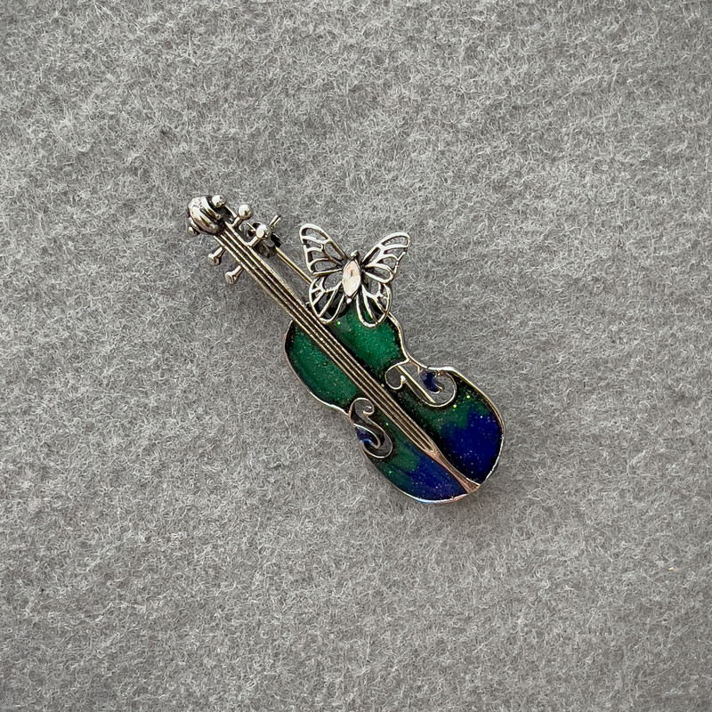 Brooch Violin Blue Enamel with Sparkles Silver Metal 47x24mm+