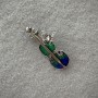 Brooch Violin Blue Enamel with Sparkles Silver Metal 47x24mm+