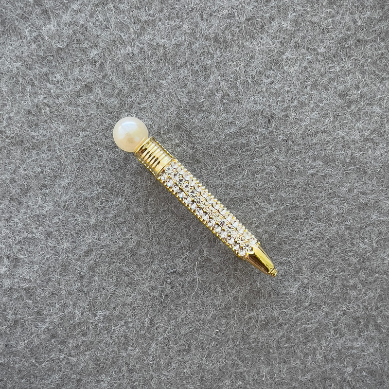 Brooch: Pen with White Rhinestones and Pearl, Golden Metal 37x6 mm+