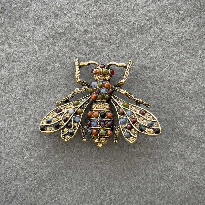 Brooch Butterfly with Rhinestones and Assorted Stones, Gold-Tone Metal 49x38 mm+