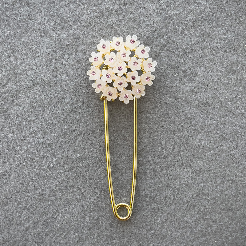Brooch Pin Hortensia White with Pink Crystals Gold-tone Metal 78x28mm+