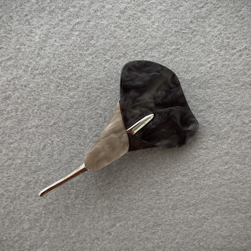 Brooch Flower of the Willow, black and gray mother-of-pearl, silver metal 76x44 mm+