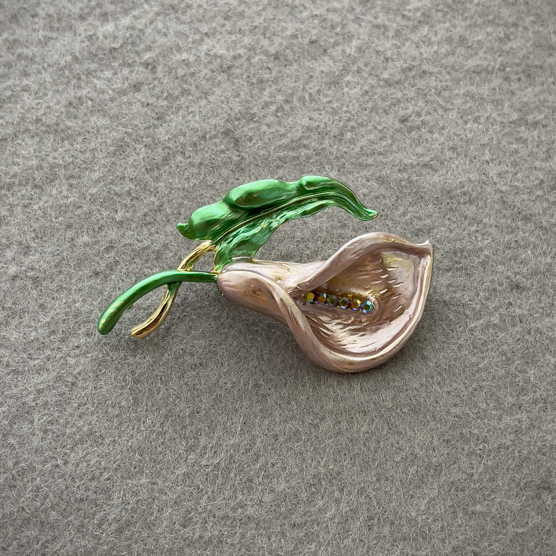 Brooch Flower of Kalina Pink Enamel Gold-tone Metal with Rhinestones 49x29mm+