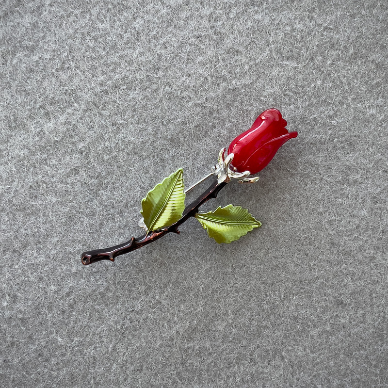 Brooch Rose Red Enamel Silver Metal 60x26mm+