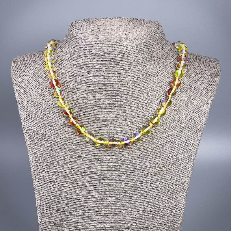 Necklace of Opal Glass Yellow Hameleon Smooth Bead, diameter 8mm, length 49cm