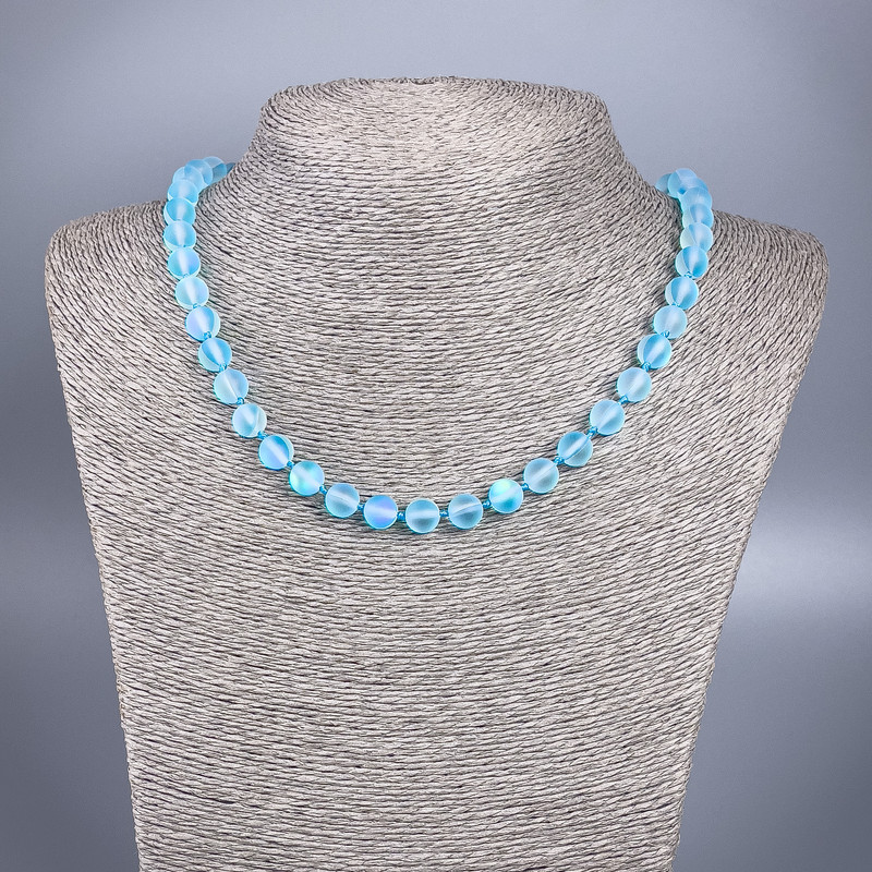 Opal Glass Necklace Blue Matte Hologram Smooth Bead, 8mm diameter, length 49cm