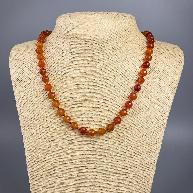Carnelian Necklace with Natural Stone, Faceted Round Beads 8mm, 49cm+ length