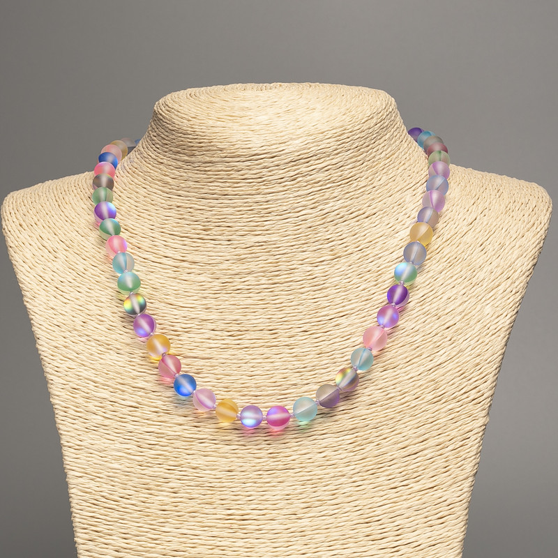 Opal Glass Bead Necklace Multicolor Matte Chameleon Smooth Bead, 8mm Diameter+, Length 49cm+