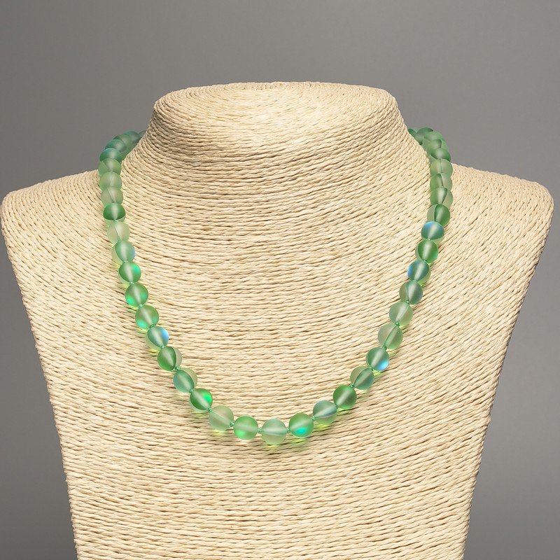 Opal Glass Necklace Green and Blue Matte Chameleon Smooth Bead, 8mm diameter, 49cm length