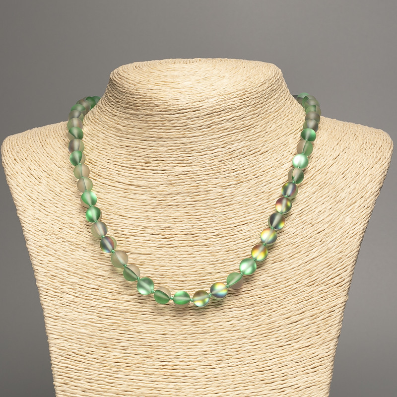 Opal glass bead necklace, green matte chameleon smooth rounds, diameter 8mm ±, length 49cm ±
