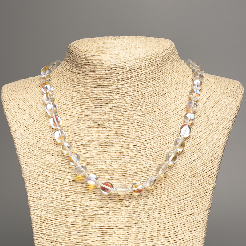 Opal Glass Necklace White Chameleon Tumbled, 9x11mm, length 50cm
