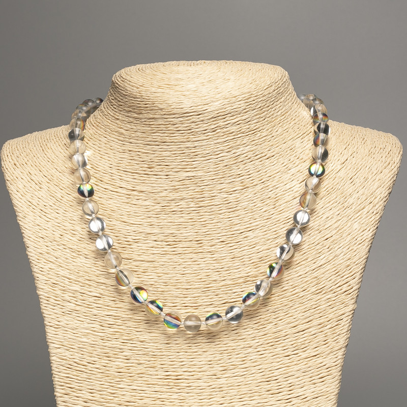 Opal Glass Necklace White Chameleon Smooth Bead, 8mm diameter ±, length 49cm ±