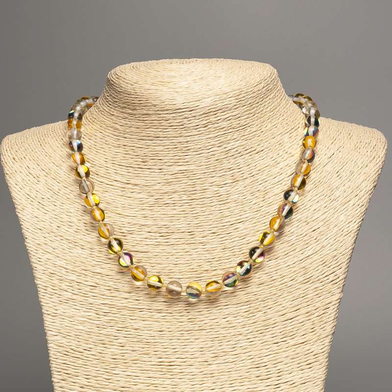 Necklace Opal Glass Yellow Chameleon Smooth Bead, Ø 8mm, length 49cm
