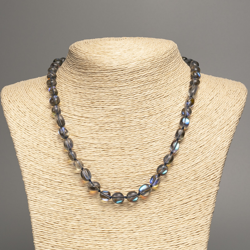 Opal Glass Necklace Gray-Blue Tumbled Beads, 8x10mm, length 50cm