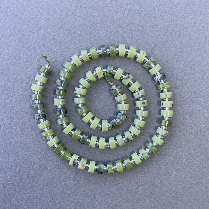  Jadeite Canadian Natural Stone Beads Disk on Thread, 6x3 mm dia. ±, 39 cm long ± with 3x2 mm seed beads ±