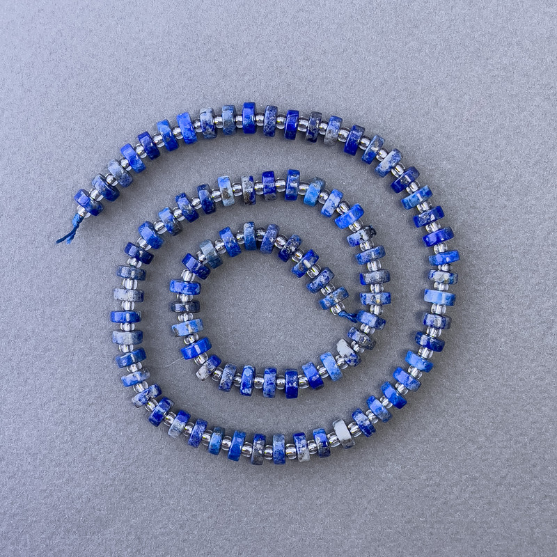 Lapis Lazuli Beads, natural stone, washer shape on thread, diameter 6×2,5 mm±, length 39 cm± with seed beads 3×2 mm±
