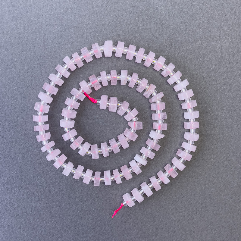 Pink Quartz Beads, Natural Stone Disc on Thread, 7x3 mm Dia., approx. 40 cm length, with 3x2 mm Seed Beads