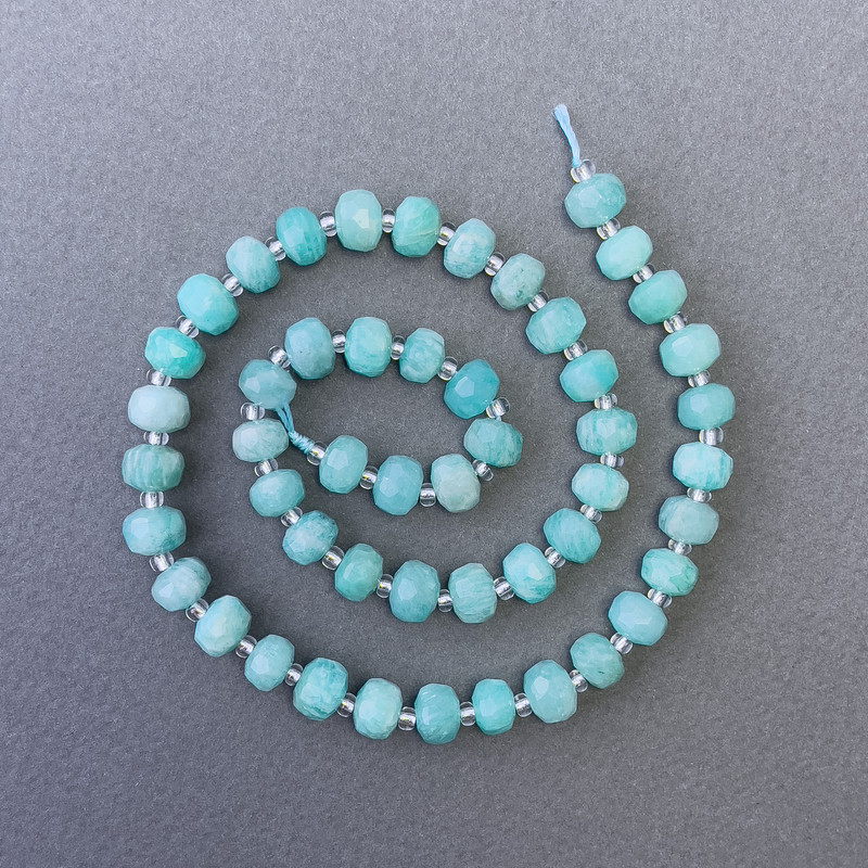 Amazonite Beads, Natural Stone, Faceted Rondelle on Thread, 8x6 mm ±, Length 39 cm ± with 3x2 mm Seed Beads