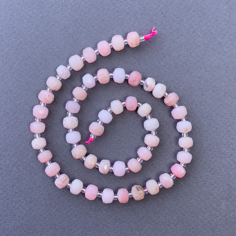 Beads Pink Opal natural stone faceted rondelle on thread, diameter 7.5x6 mm±, length 39 cm± with 3x2 mm± seed beads