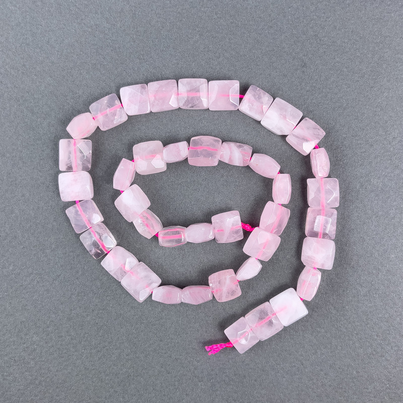 Pink Quartz Beads, Natural Stone, Faceted Rectangular Beads on Thread, 9x10x5 mm ±, Length 39 cm ±