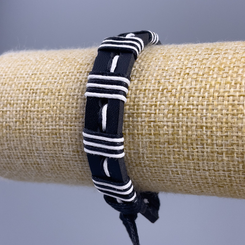 Bracelet, length 18-25 cm, thickness 14 mm eco leather color black with white on pull tab