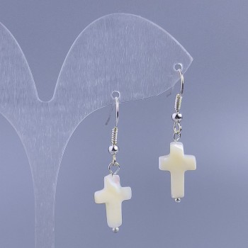 Earrings White Mother-of-P pearl cross, diameter 10x15mm, length 36mm+