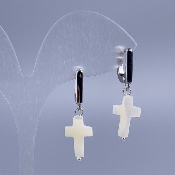 Earrings White Mother-of-Pearl Cross, diameter 10x15mm, length 34mm+