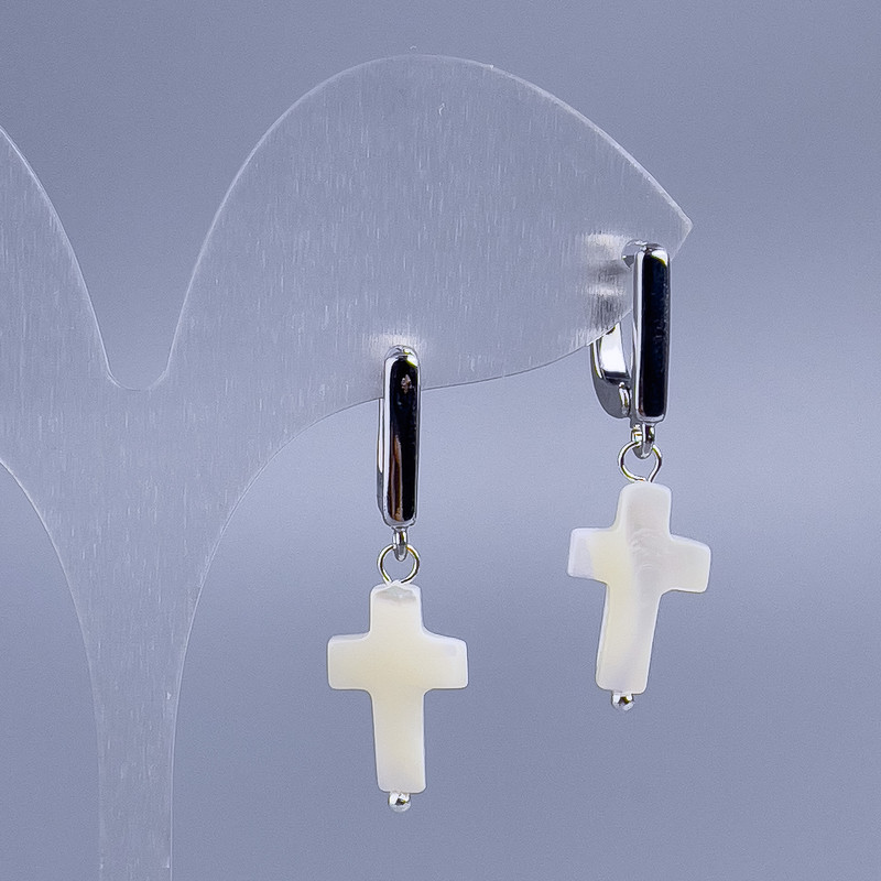 Earrings White Mother-of-Pearl Cross, diameter 10x15mm, length 34mm+
