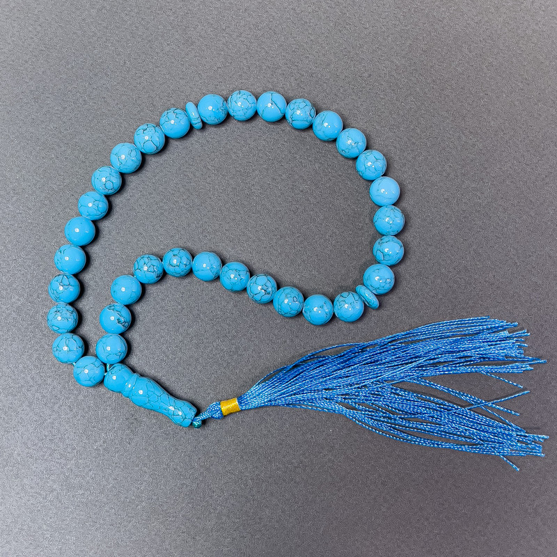 Turquoise Prayer Beads (pressed) Smooth round beads, diameter 10mm±, 33 beads, with Turquoise inlays