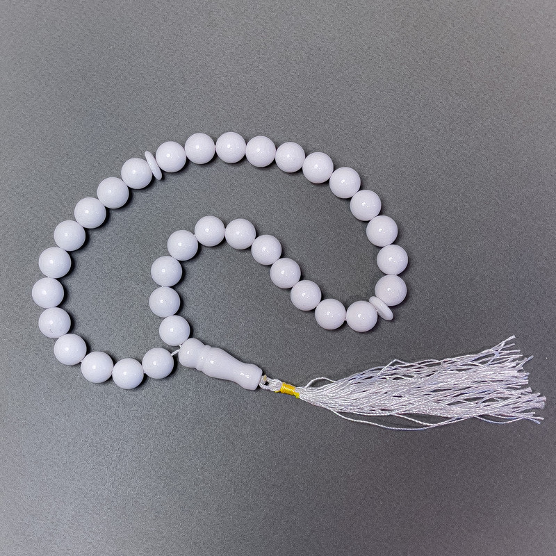 White Agate Prayer Beads (pressed?) Smooth round beads 12mm±, 33 beads, with agate inserts