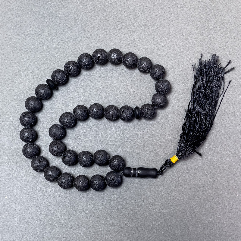 Lava Beads Prayer Beads with Smoky Quartz Inlays, natural stone smooth rounds, 12mm diameter ±, 33 beads
