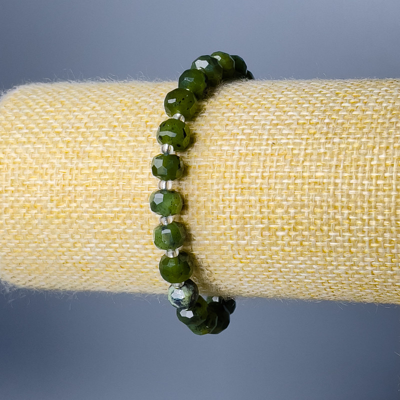 Canadian Jadeite Bracelet, Natural Stone Beaded Rondelle, 8x6mm, ~, 18cm (stretch) with seed beads