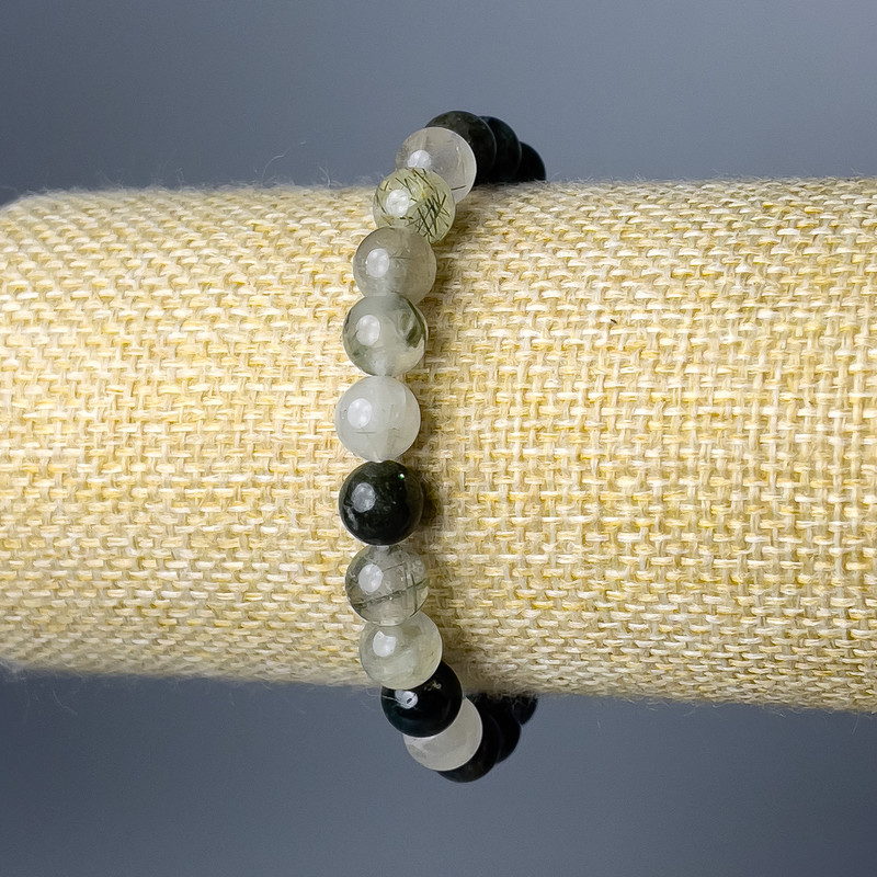 Bracelet with Rutilated Quartz Hairy (Fibrous) natural stone, smooth bead, diameter 8mm±, length 18cm (stretch)