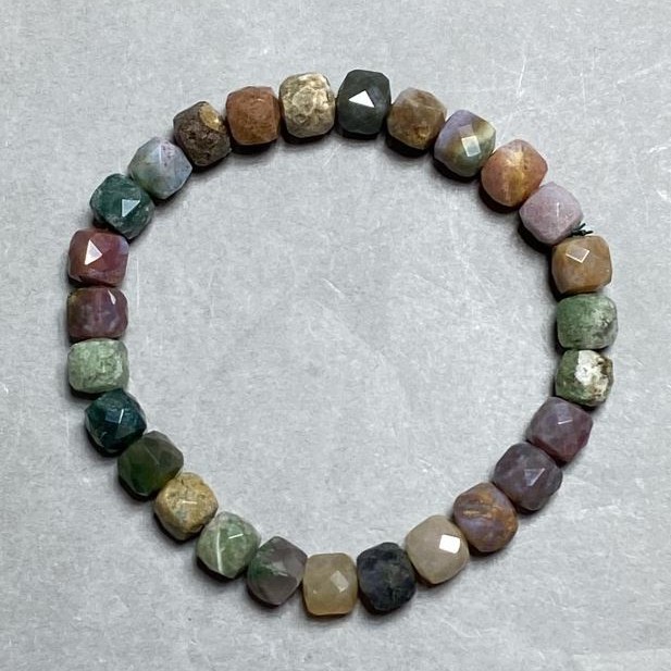 Bracelet Green Jasper Natural Stone Faceted Cube, 7mm diameter ±, length 18cm (stretch)