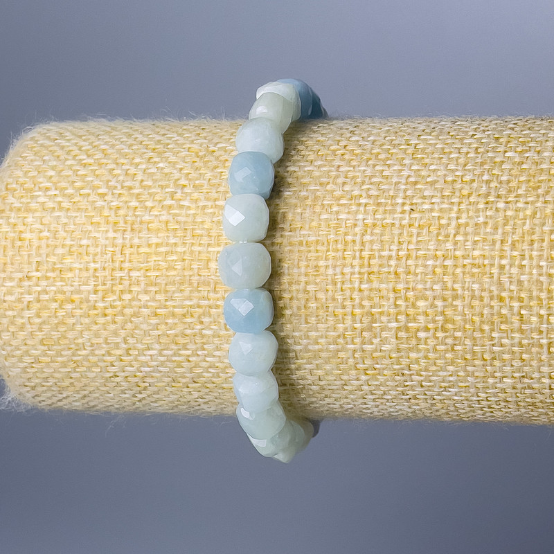 Bracelet Aquamarine Natural Stone Faceted Cube, diameter 7mm±, length 18cm (stretch)