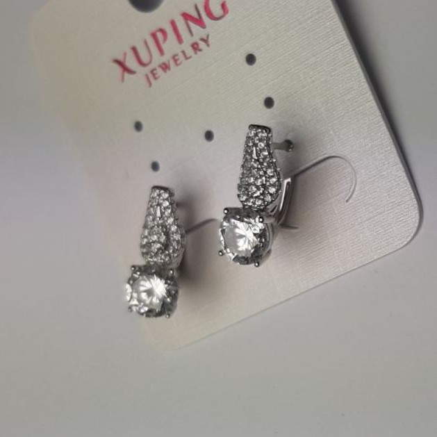 Xuping Earrings with White Rhinestones and Crystal, 7mm Diameter, 17mm Length Rhodium-Plated