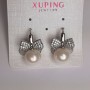 Xuping Earrings with Mallorca white pearl bead and white crystals, diameter 10mm, length 19mm, rhodium