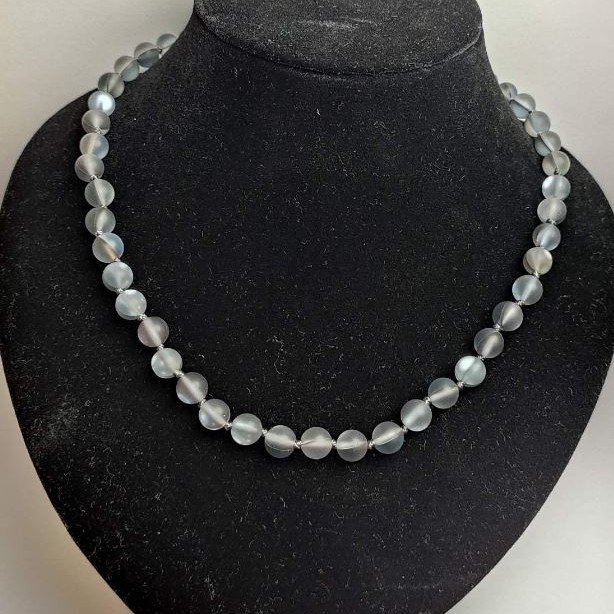 Opal glass gray matte necklace with smooth beads, diameter 8mm±, length 49cm±