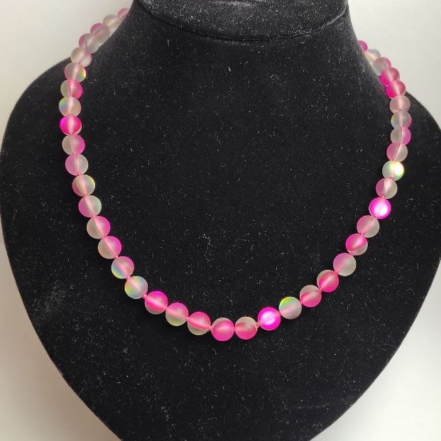 Opal Glass Bead Necklace in Raspberry Matte Chameleon, smooth round beads 8mm dia., length 49cm