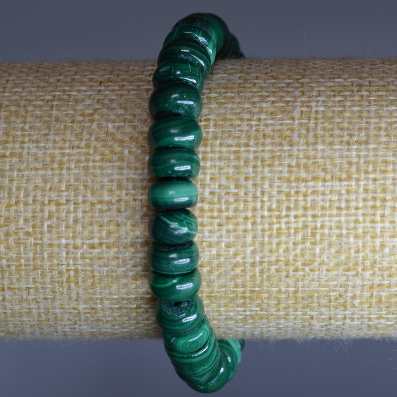 Malachite Bracelet, natural stone, smooth rondelle, diameter 9×5 mm ±, length 18 cm (elastic)