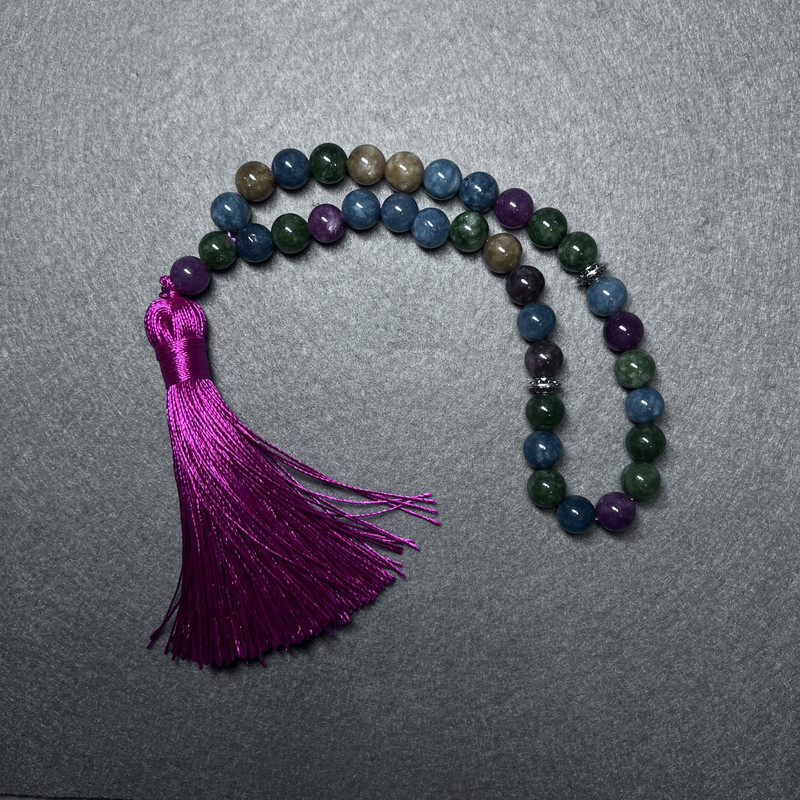 Assorted Prayer Beads of Natural Stone, smooth round beads, 8mm diameter, 33 beads, with metal inlays