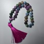 Assorted Natural Stone Prayer Beads, Smooth Round Stones, 10mm diameter, 33 Beads, with Metal Inlays