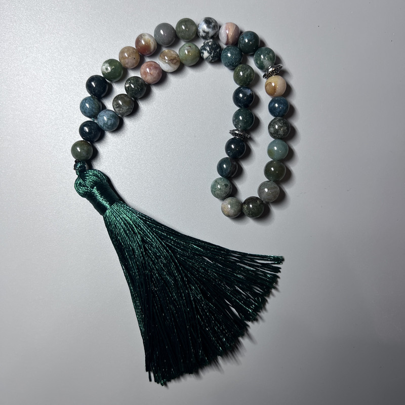 Prayer Beads Green Jasper natural stone smooth beads, diameter 8mm, 33 beads, with metal accents