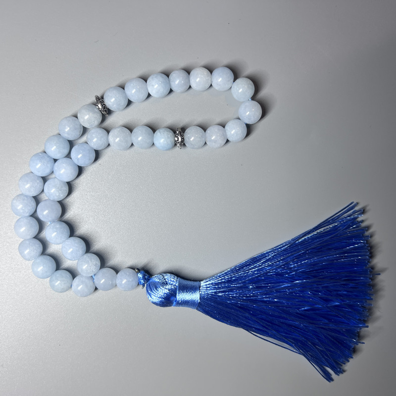Aquamarine Prayer Beads, natural stone, smooth round beads, diameter 8mm±, 33 beads, with metal inserts