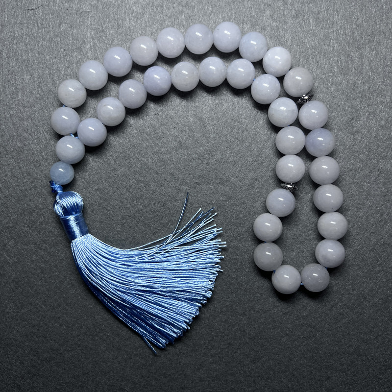 Aquamarine Prayer Beads natural stone smooth ball, diameter 12mm±, 33 beads, with metal inlays