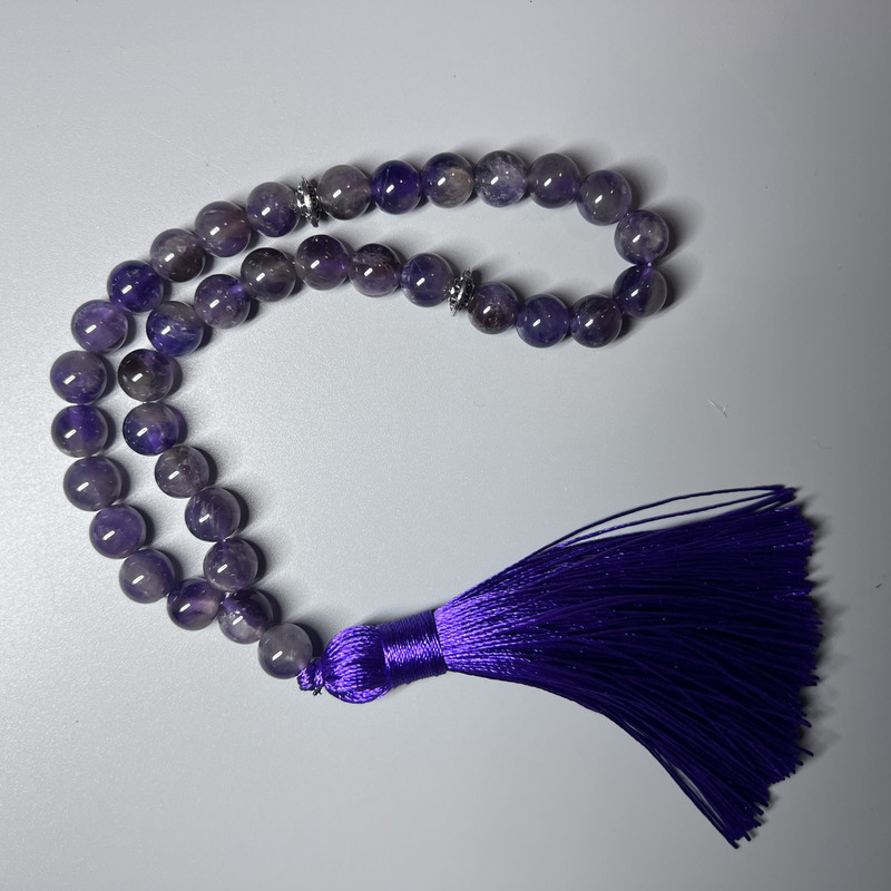 Amethyst Prayer Beads Natural Stone, smooth round beads 8mm diameter, 33 beads, with metal inserts