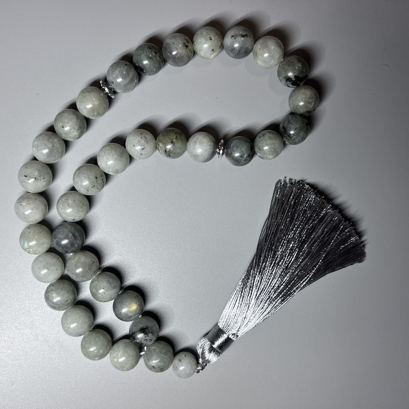 Labradorite Prayer Beads natural stone smooth bead, diameter 12.5mm ±, 33 beads, with metal inlays