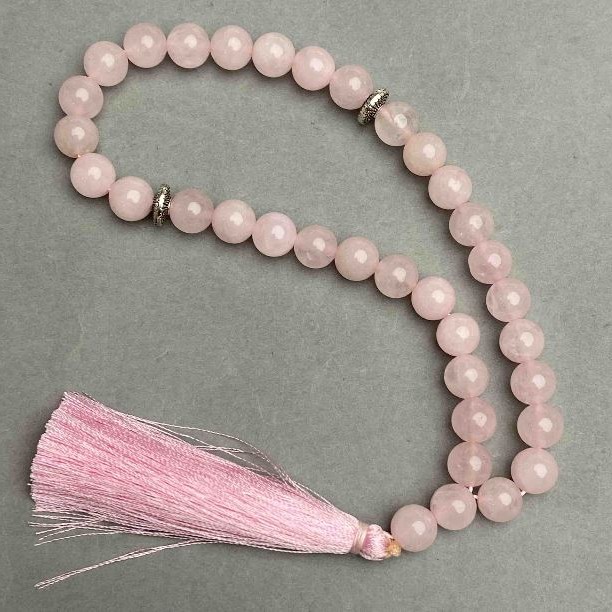 Pink Quartz Beads Rosary with Smooth Round Beads, 8 mm diameter, 33 beads, with metal accents