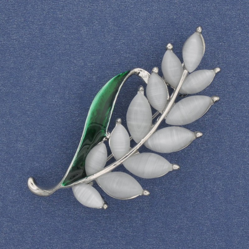Brooch Branch White Cat's Eye, green enamel, gold-tone metal 22x47mm